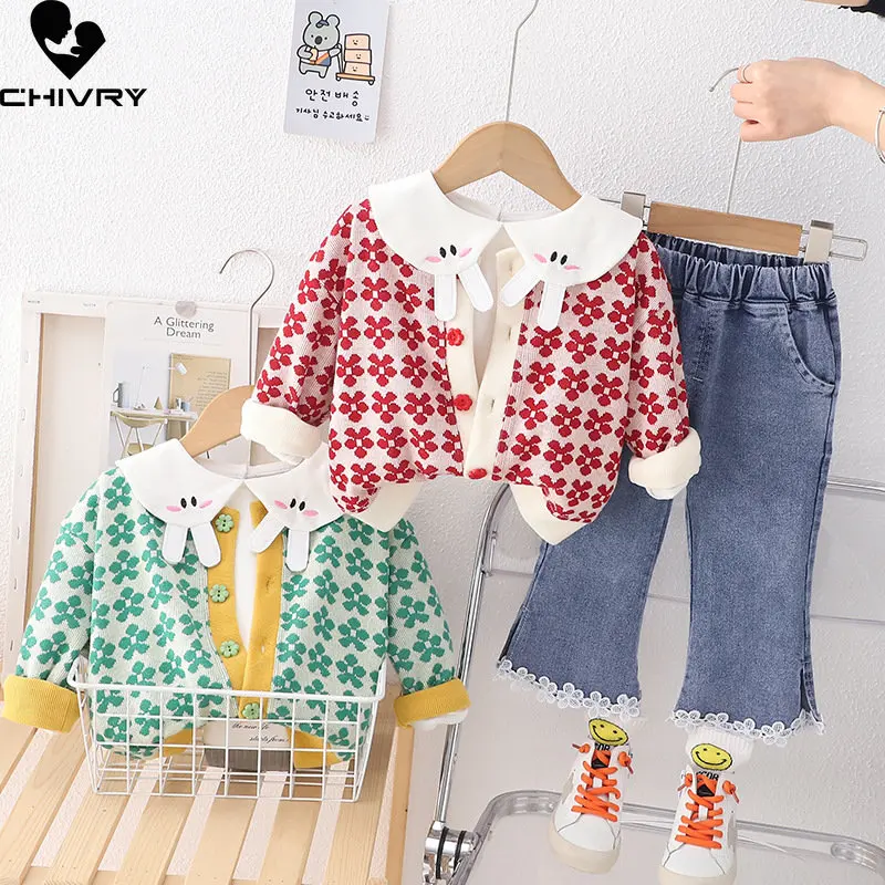 Conjuntos de ropa de tres piezas para niñas, Tops de solapa bonitos, abrigo de punto Floral con pantalones de mezclilla, ropa informal para niños 2023