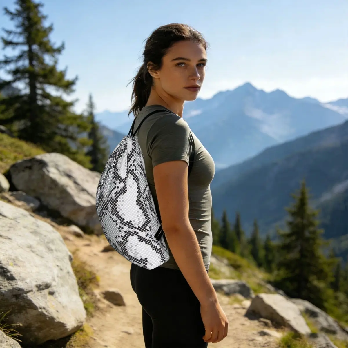 Gray Snake Skin Animal Print Backpacks Multi-function Drawstring Bundle Pocket Sports Bag Book Bags for Travel Students