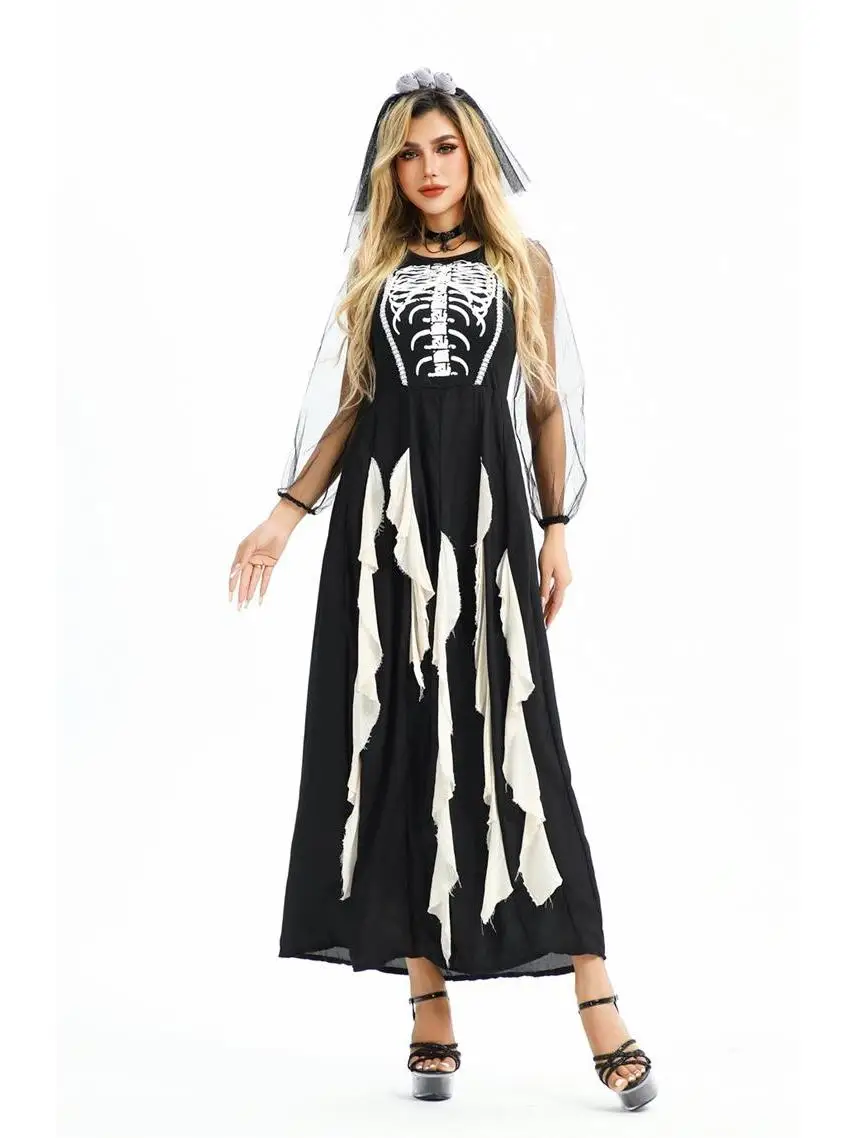 

Готический костюм ведьмы-демона для Хэллоуина, женский теплый полиэстеровый костюм призрака, скелета, зомби