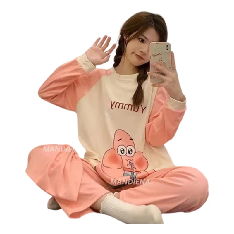 2-piece Set SpongeBob Patrick Star Sleepwear Women Pajamas Long Sleeved Trousers Cartoon Anime Autumn Cute Round Neck Homewear