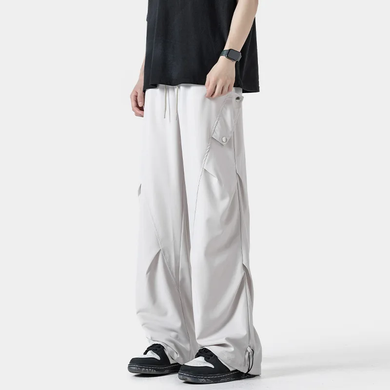 Plain Elastic Ice Silk Pants Men's Summer Thin Loose Straight Tube Large Size Men's Casual Sports Cargo Pants