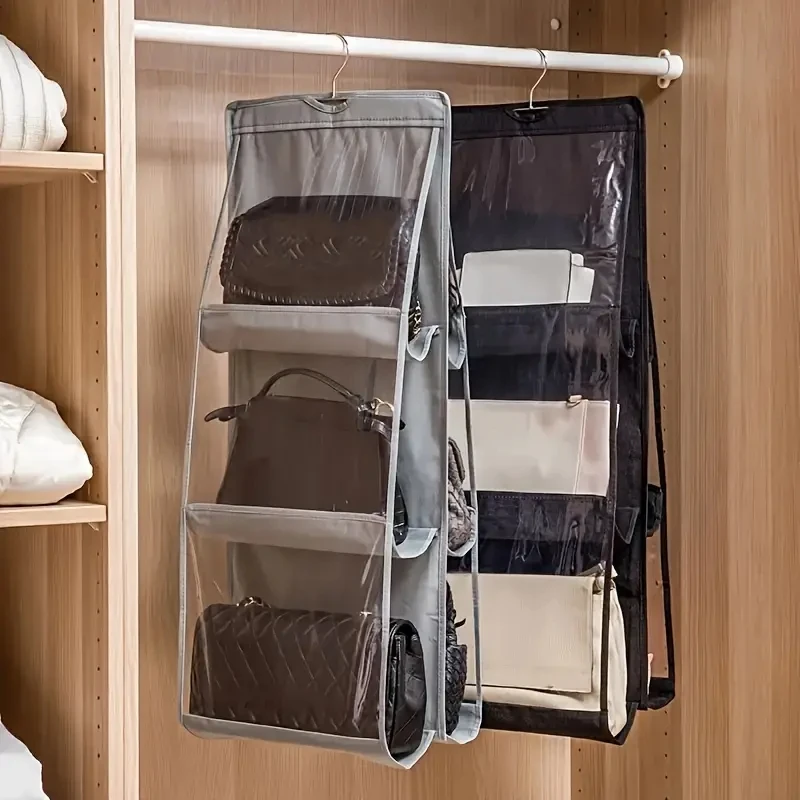 1pc Black/Grey Bag Storage Handbag Hanging Organizer Dust Bag With 6 Pockets Hanging Bag Wall Hanging Storage Bag