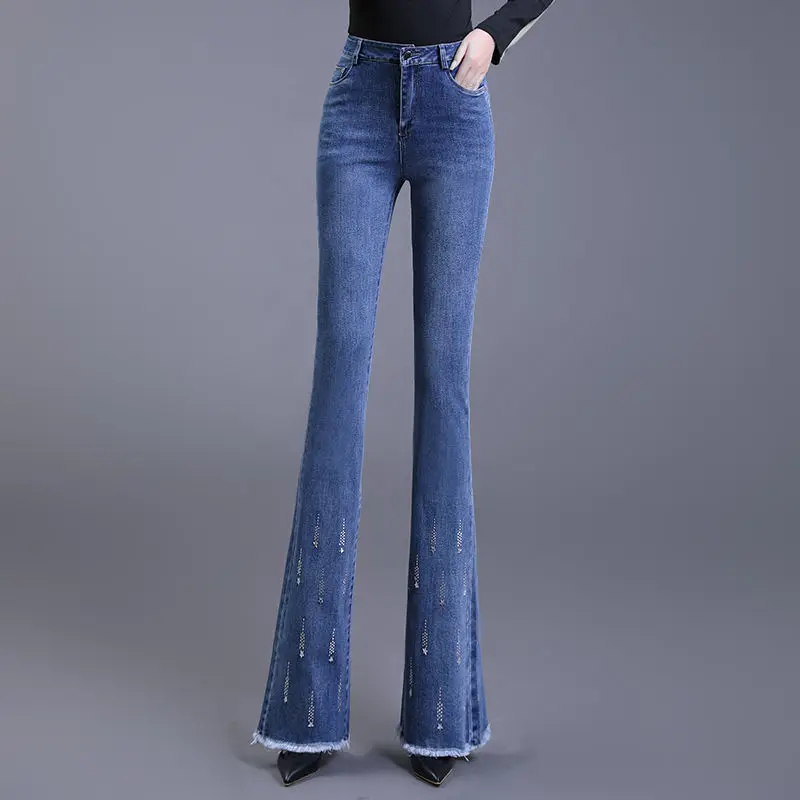 Korean Fashion Frauen Flare Jeans Frühling Herbst Neue Streetwear Quaste Hohe Taille Dünne Büro Dame Gerade Denim Hosen ZT364