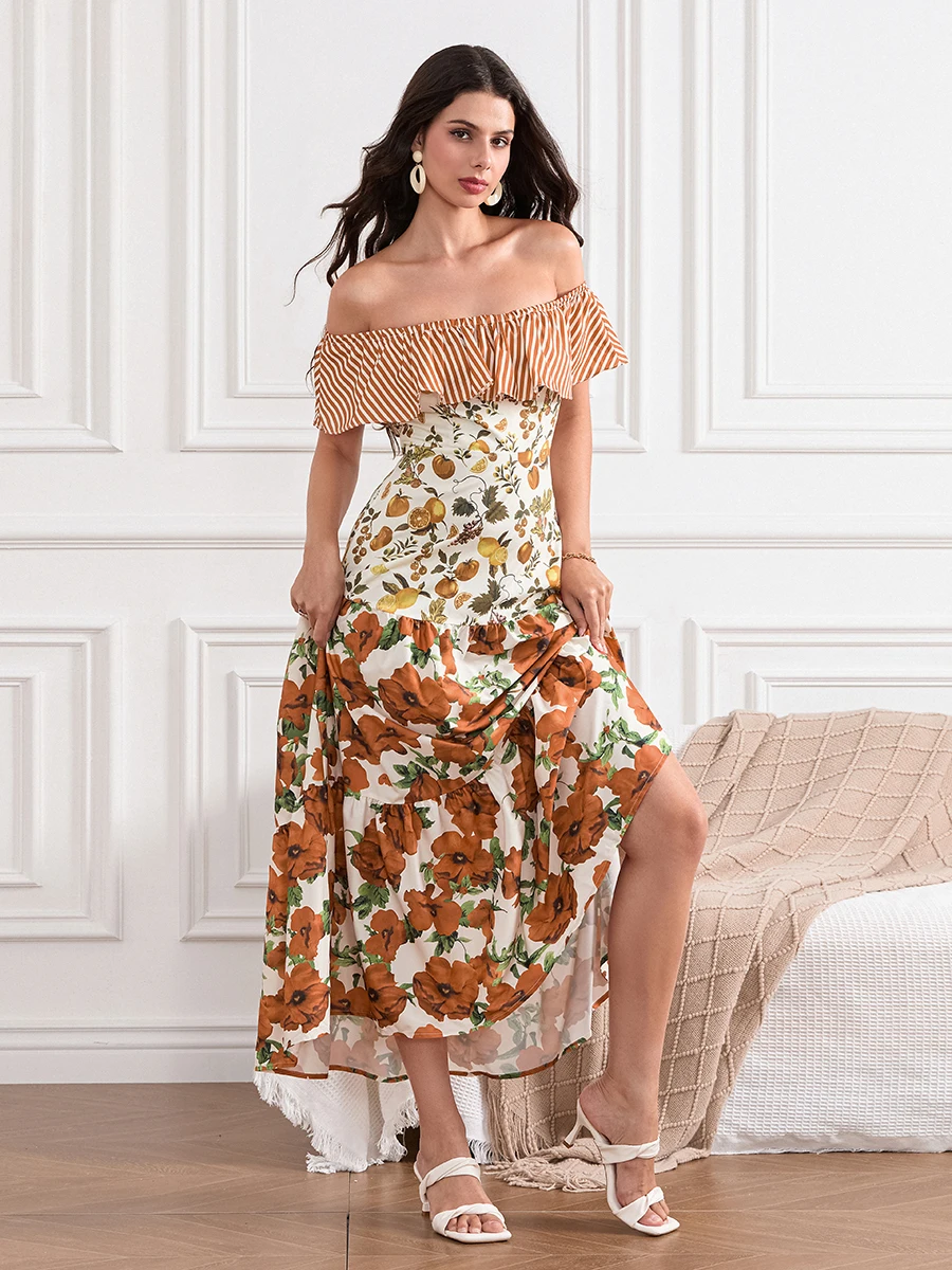 New Fashion Women Off-Shoulder Dress Sleeveless Striped Fruit Flower Print  Cocktail Dress Summer Long Dress Hot Sale S M L - AliExpress 200000345
