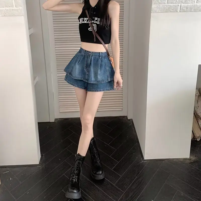 Ruffled High-Waist Denim Skirt Women 2025 Summer New Niche Design Hot Girl Retro Pleated A-Line Skirt Pants