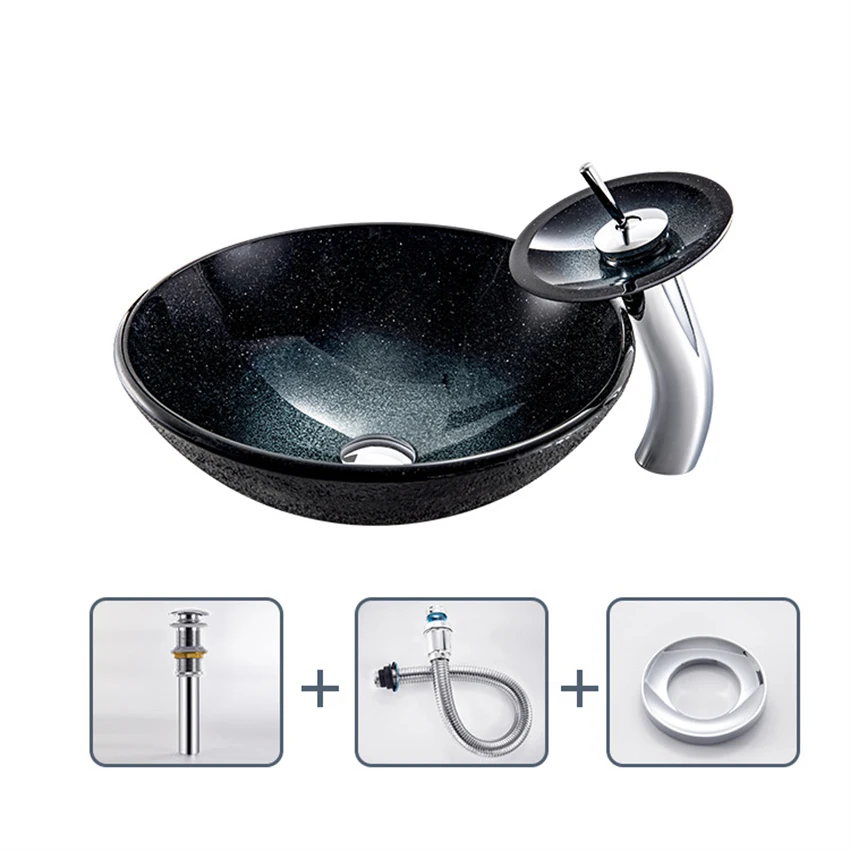 

Black 42*42*15cm Round Bowl Basin Bathroom Washbasin Countertop Washroom Glass Sink Brass with Drain Pipe Waterfall Faucet Set