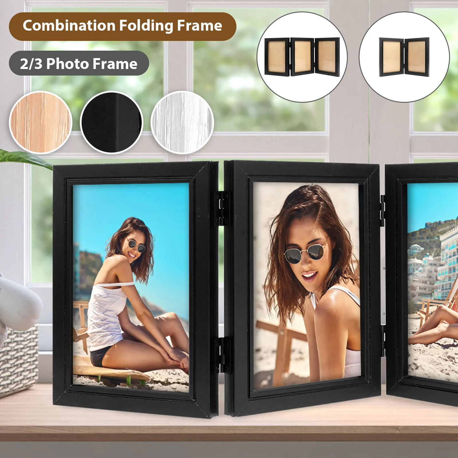 Double/Triple Photo Frame 180° Foldable Hinged Picture Frame Stand Vertically on Desktop Photo Frame with Glass Front Black