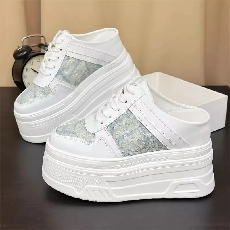 

New 10CM Slides Sneakers Slip on Microfiber Leather Women Summer Shoes Wedge Fashion Air Mesh Glitter Platform Slippers Sandals