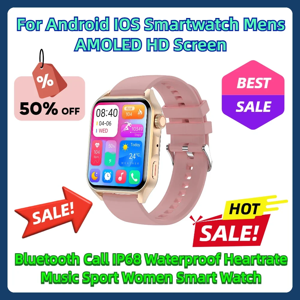 For Android IOS Smartwatch Mens AMOLED HD Screen Bluetooth Call IP68 Waterproof Heartrate Music Sport Women Smart Watch