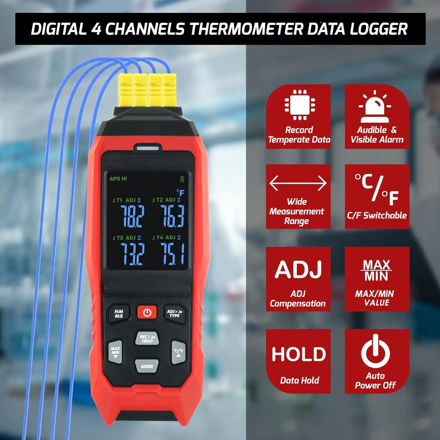 

TA612C 4-Channel K/J Thermocouple Thermometer -200-1372℃ / -328-2501℉ , Handheld LCD Meter with 5000 Data Storage