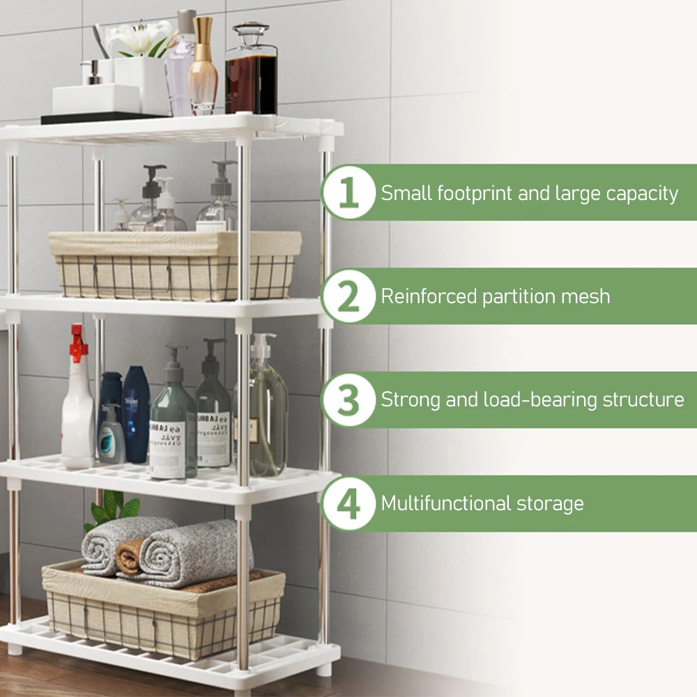 Bathroom Storage Rack 2/3/4 Layers with Hooks for Sundries Storage Spice Rack Kitchen Cabinet Cupboard Bathroom Storage Shelf