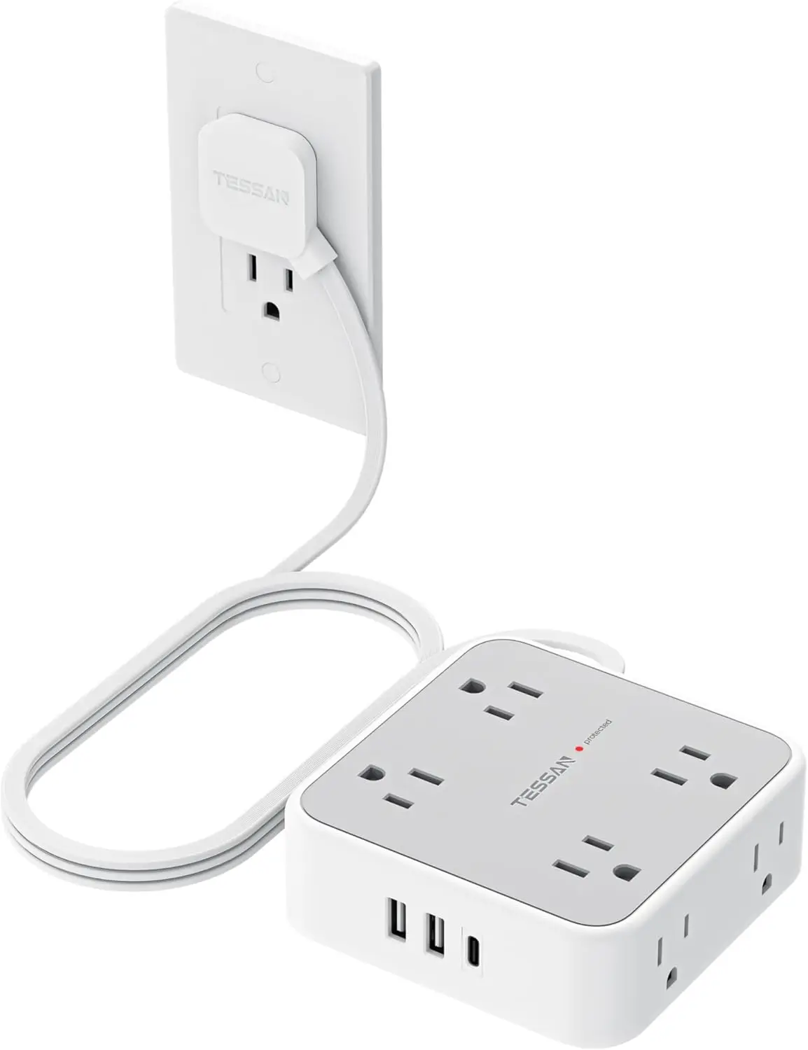 

Удлинитель-кабель 5 футов с плоским штекером, 3 USB-портами (1 USB-C), 8 розетками, сетевой фильтр с защитой от перенапряжения для офиса и общежития