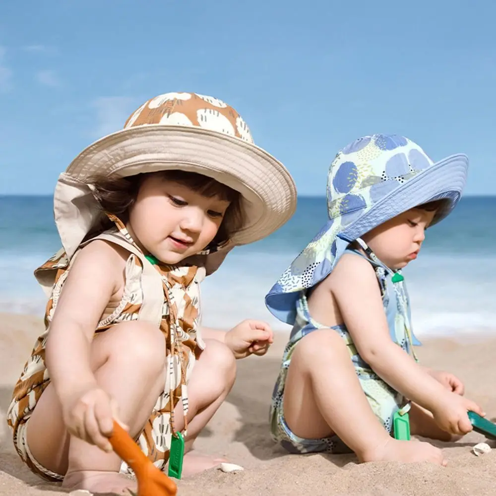 

Korean Style Double Sided Kid Sunhat Cotton Shawl Attachment Sand Beach Sun Hat Large Brim Breathable Children's Fisherman Hat
