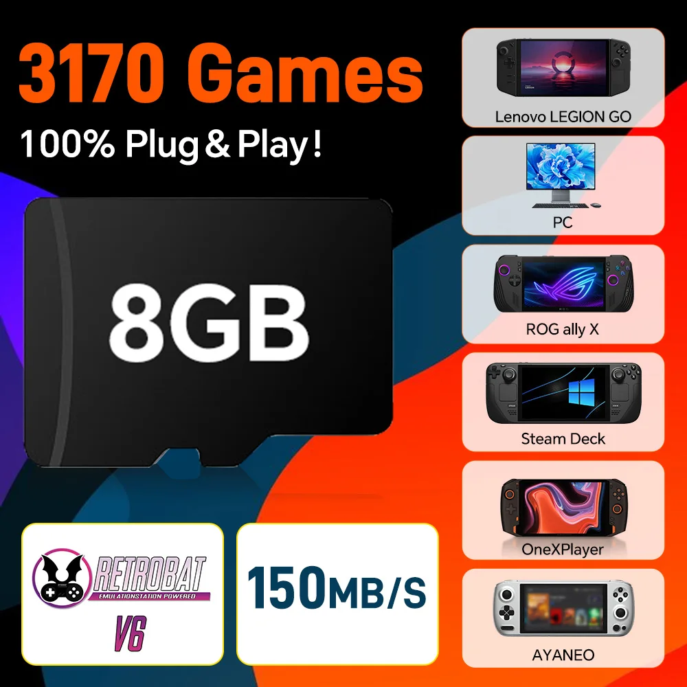 Retrobat Game Card with 3170 Games for N64/SNES/Neo Geo for ROG Ally/LEGION GO/AYANEO/OneXPlayer/Steam Deck Windows Handheld＆PC