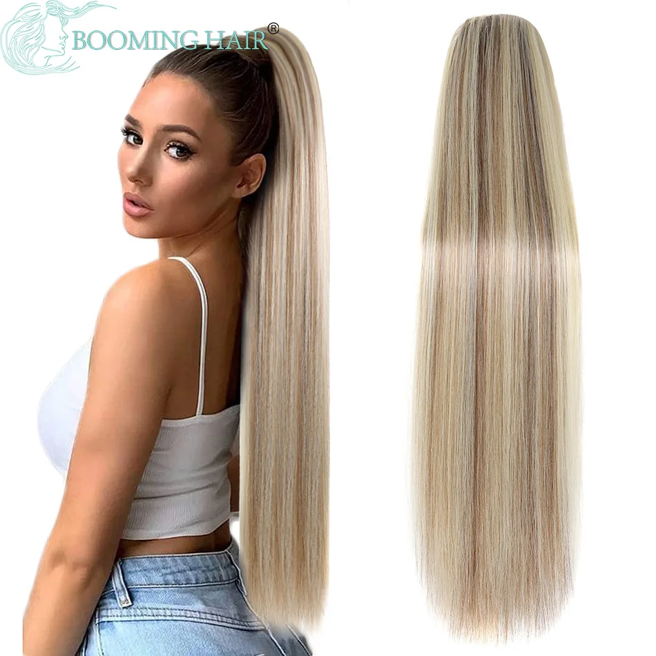 

Long Straight Ponytail 32inch Synthetic Hair Fiber Heat-Resistant Drawstring Ponytail Clip in Fake Hair Long Smooth Pony Tail