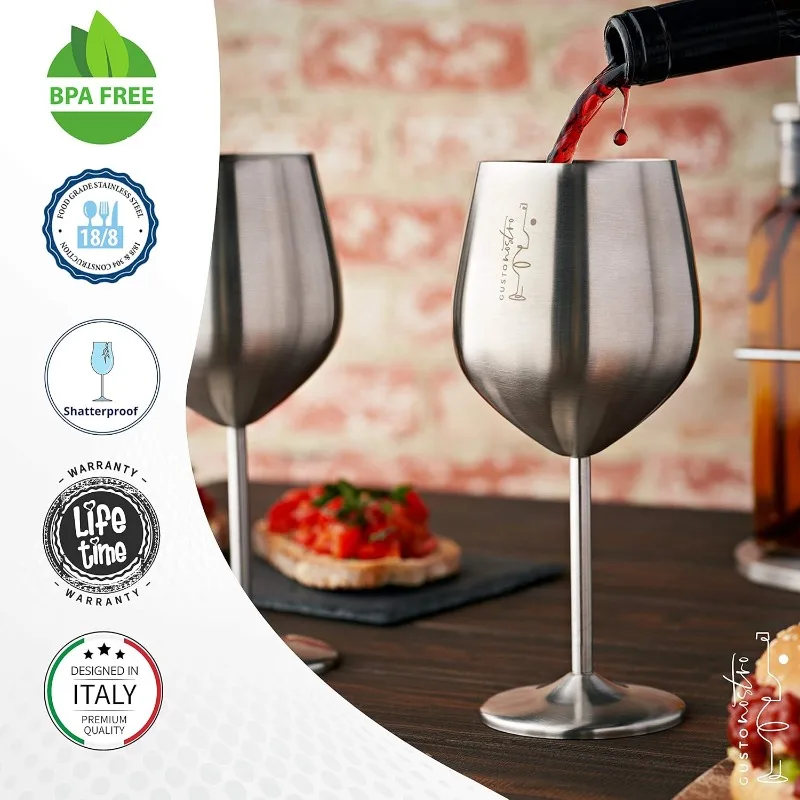 Gusto Nostro Stainless Steel Wine Glass - 18 oz -Cute, Unbreakable Wine Glasses for Travel,Pool -Fancy,Portable Metal Wine Glass