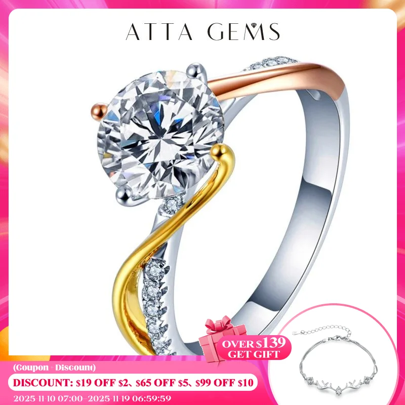 

ATTAGEMS 7.5mm 1.5ct D Color Round 18K White Gold Plated 925 Silver Moissanite Ring Diamond Test Passed Jewelry Gift for Women