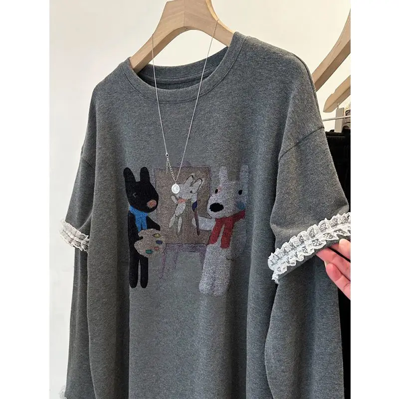 Women Casual Loose Comfortable O-neck Tops Spring Chic Lace Patchwork Cartoon Printing Long Sleeve T-Shirt