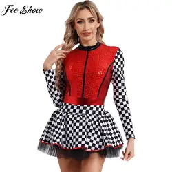 Women Checkerboard Racer Driver Cosplay Dress Long Sleeve Sequin Tutu Leotard Dresses for Halloween Carnival Party Role Play