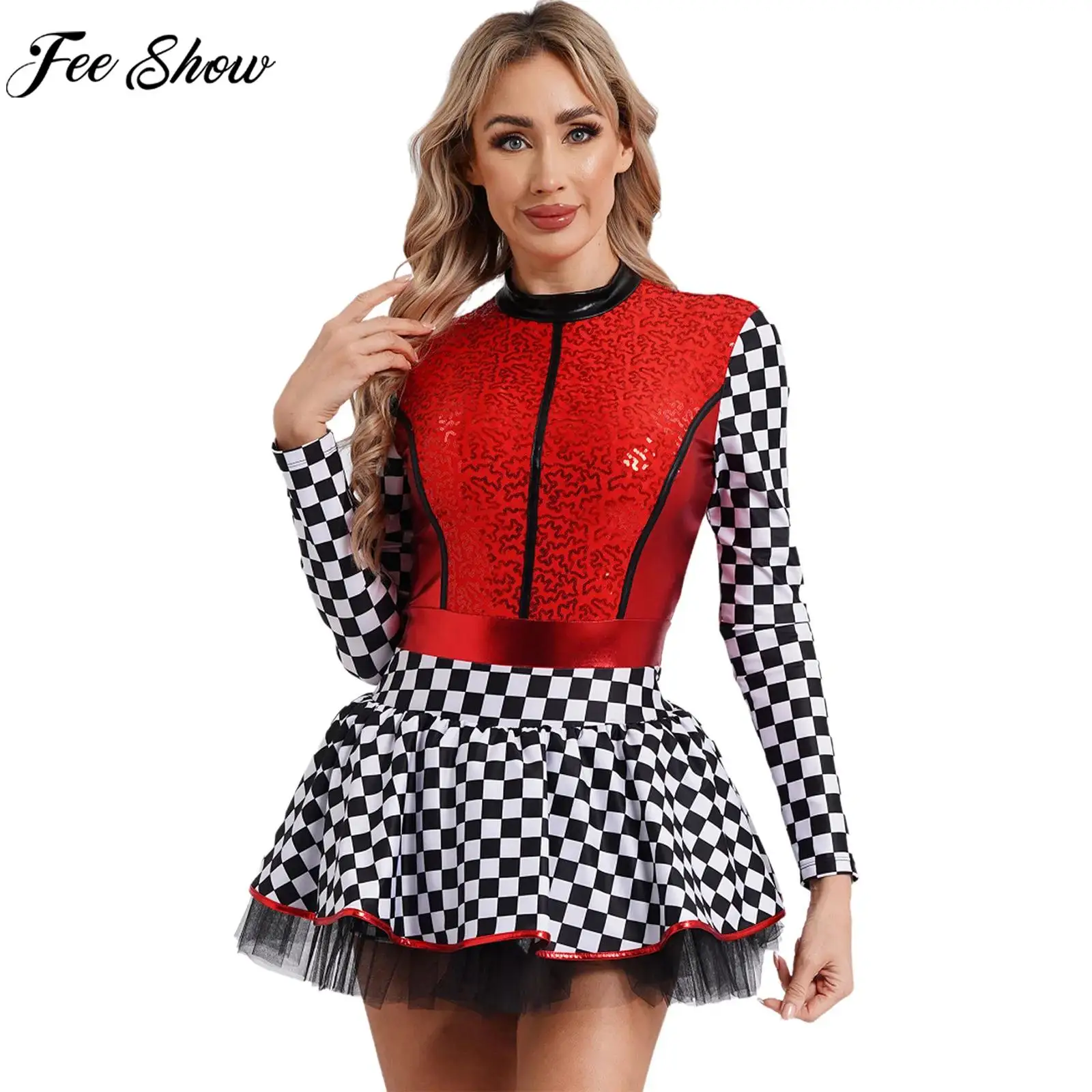 Women Checkerboard Racer Driver Cosplay Dress Long Sleeve Sequin Tutu Leotard Dresses for Halloween Carnival Party Role Play