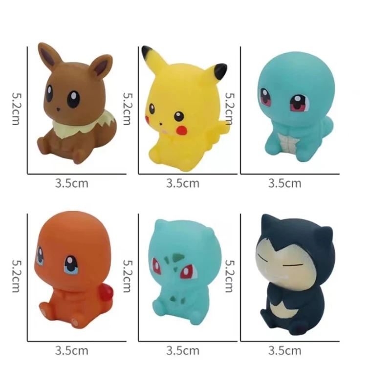 6pcs Pokemon Model Doll Toy Anime Pikachu Bulbasaur Charmander Squirrel Eevee Snorlax Cartoon Character Vocal Bathroom Toy