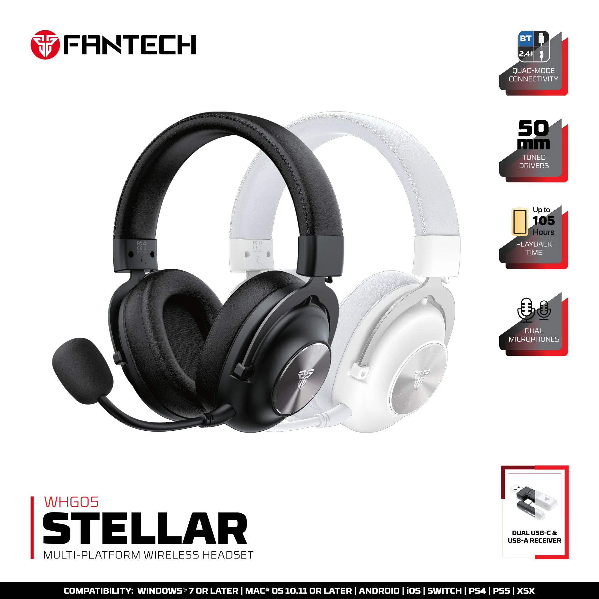 Fantech Whg05 Lightweight Wireless Headset Built-in EQ Music&game Mode 2.4ghz