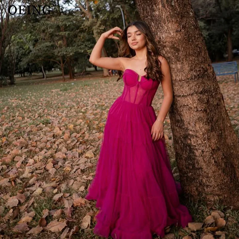 

OEING Simple Fuchsia A-Line Prom Dresses Sweetheart Ruched Ruffle Illusion Party Gowns Floor Length Cocktail Dresses Customized