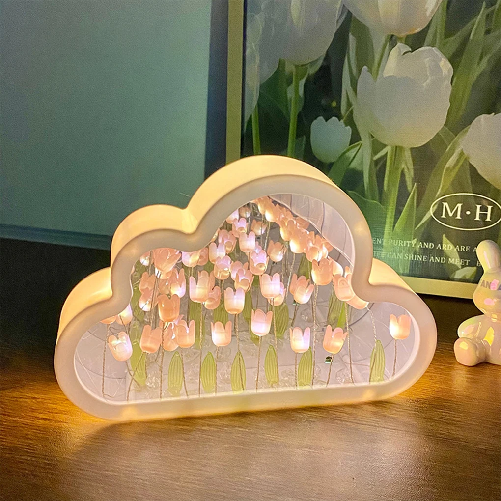 Cloud Tulip Night Light Handmade DIY Material Flower Home Decor Mirror Creative Atmosphere Lamp Birthday Gift Valentine’s Day