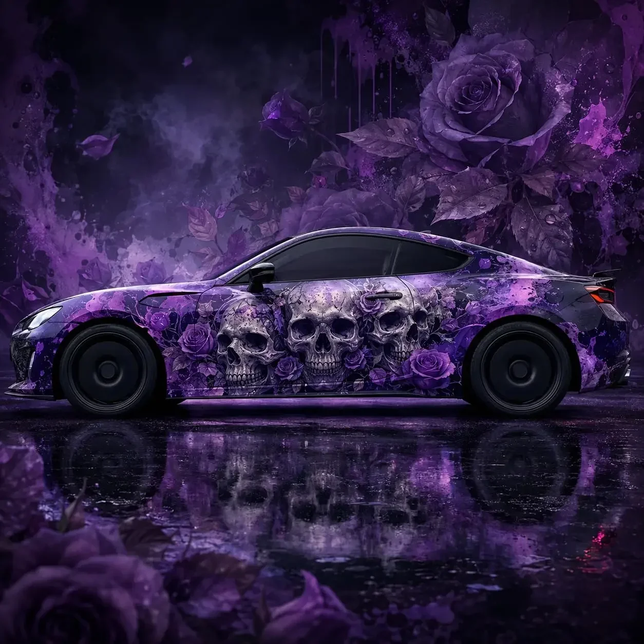 2pcs Purple Skulls and Roses Car Wrap Vinyl Decal Sticker