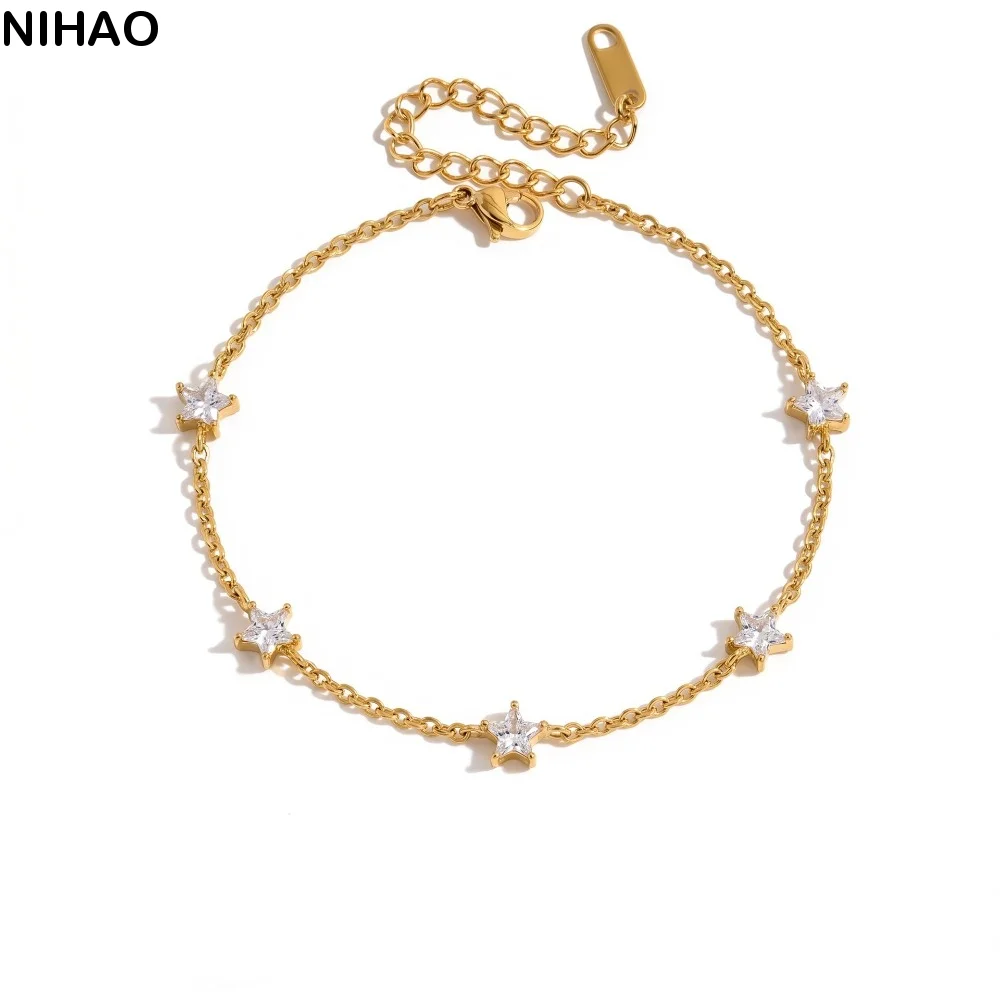Metal Chain Tennis Racket Bracelet Stainless Steel 18K Gold Plated Tennis Racket Open Bangle Star Pearls Rhinestones Bracelet