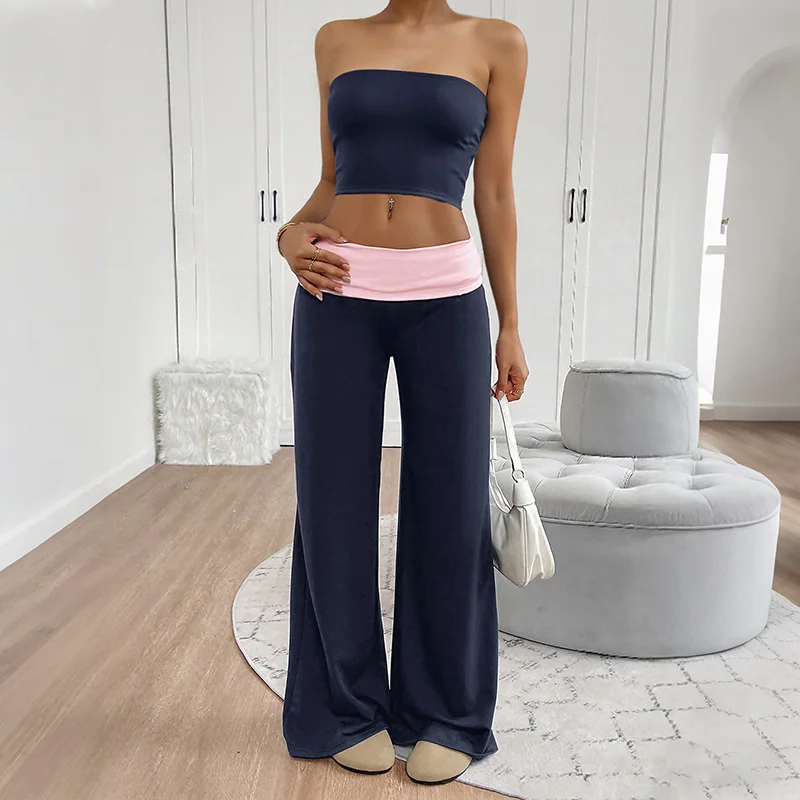 

Women's Summer 2 Piece Outfit Tube Top Crop Top Wide Leg Pants Set Casual Lounge Matching Sets
