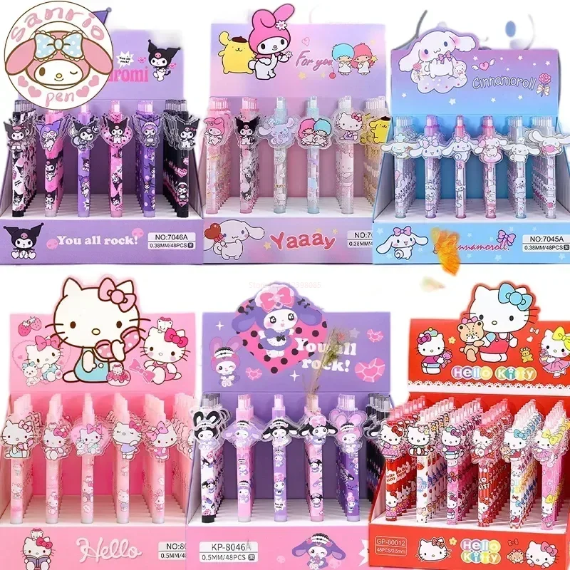 

Sanrio 48pcs Gel Pen Cartoon Kuromi Cinnamoroll Hello Kitty Students Learn Stationery 0.5mm Black Press Write Ball Pen Gift