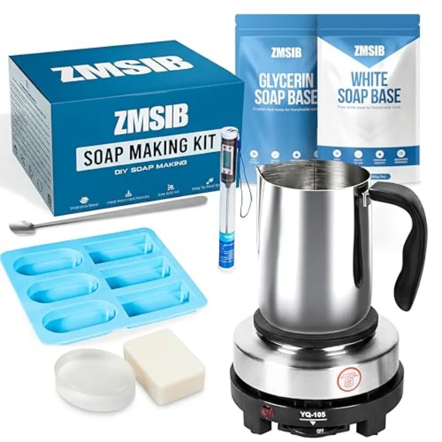 

ZMSIB Soap Making Kit with Soap Melting Pot Soap Maker Kit Including 900ml Stainless Steel Pot 2-in-1 Silicone Mold Clear and W