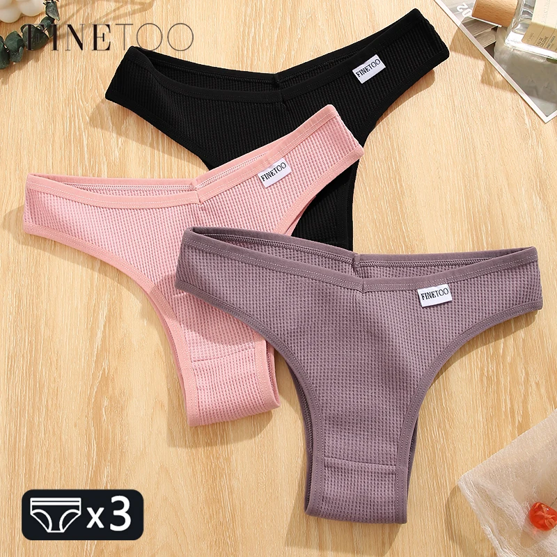 FINETOO 3Pcs/set Women Cotton Brazilian Panties Trendy Waffle Style Underwear S-XL Ladies Comfortable Underpants Soft Lingerie