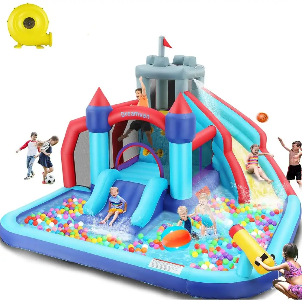 Parco di scivoli d'acqua Iatable, scivoli d'acqua Iatable Bounce House per bambini - Parete da arrampicata, 2 diapositive, area paraspruzzi e trampolino – Facile