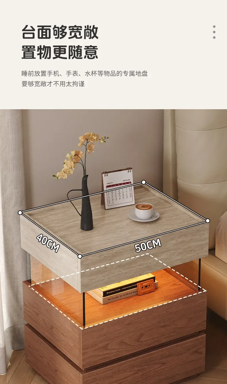 Modern minimalist bedside table in antique travertine solid wood storage with lamp