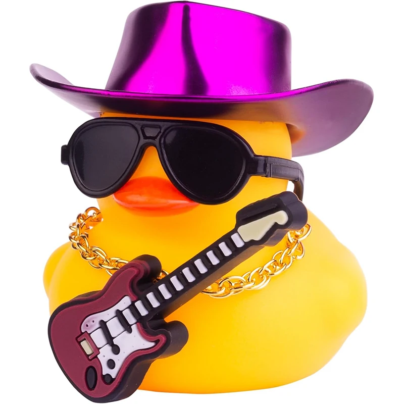 

Car Yellow Rubber Duck, Duck Dashboard Decoration with Cowboy Hat Necklace Sunglasses Mini Musical Instrument for Car Dashboard