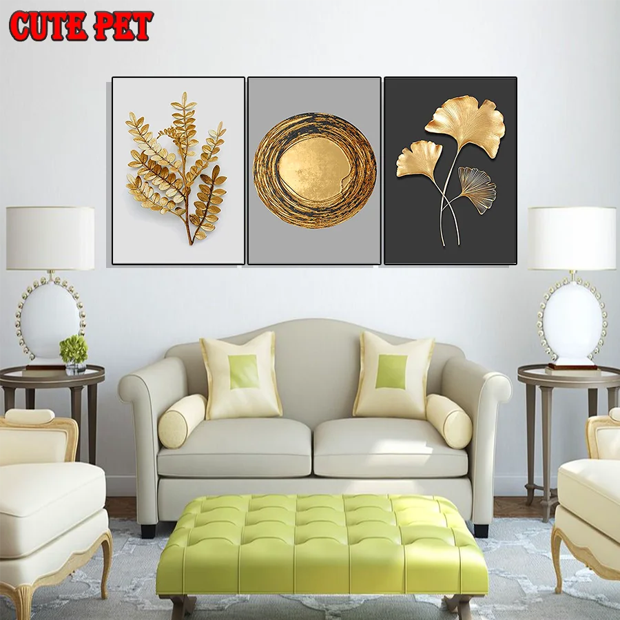 plant 5d diy diamond painting golden leaves cross stitch mosaic embroidery diamond round square Drill stones decoration 3PCS