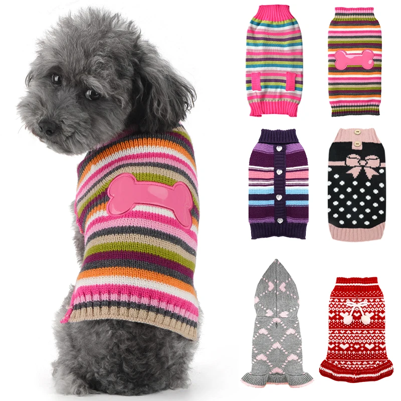 Christmas Winter Dog Clothes Striped Print Knitted Sweater Chihuahua Yorkshire Jacket Coat for Girl Dog Dress Coat Pet Costume