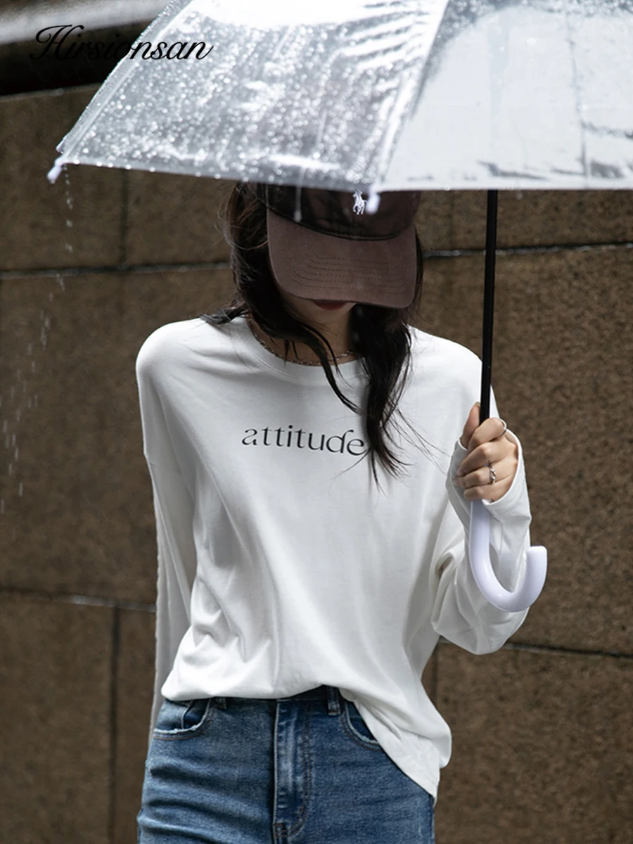 

Женская футболка с длинными рукавами и принтом Hirsionsan, свободный крой из чистого хлопка, базовый топ с круглым вырезом