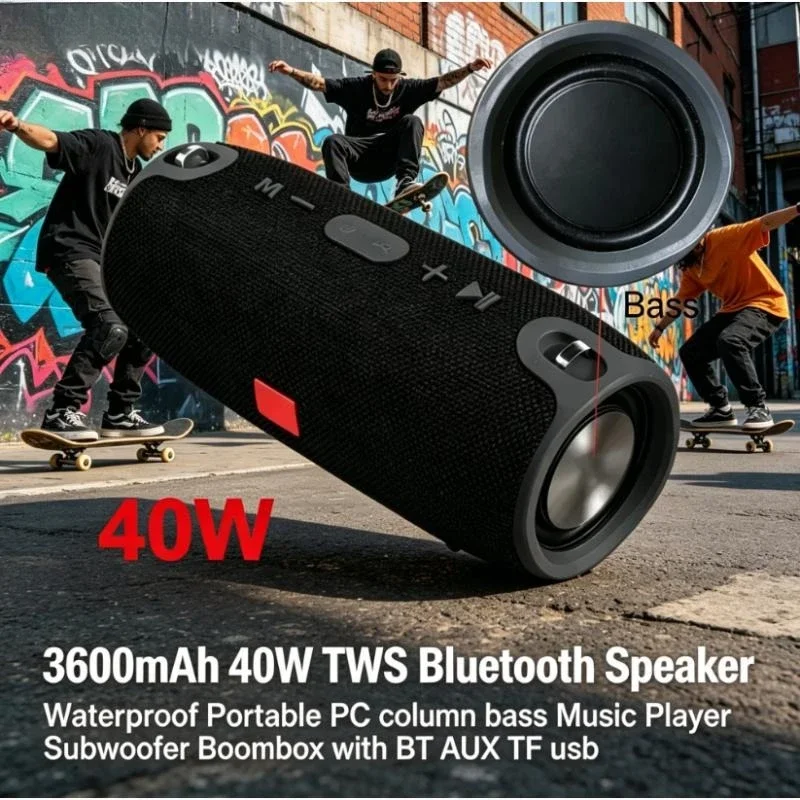 Kabellose Bluetooth-Lautsprecherbox 40W 3600mAh TWS Wasserdichter Tragbarer Lautsprecher Subwoofer Boombox Bass-Player BT AUX TF USB