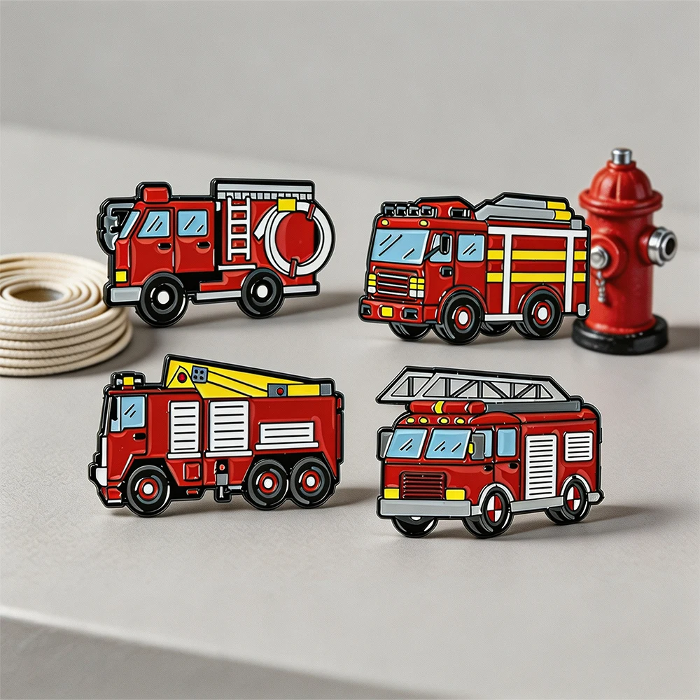 Cartoon Red Fire Truck Enamel Pin Hard Fire Engine Metal Brooch Badge for Backpack Clothes Decoration Fireman Theme Jewelry Gift