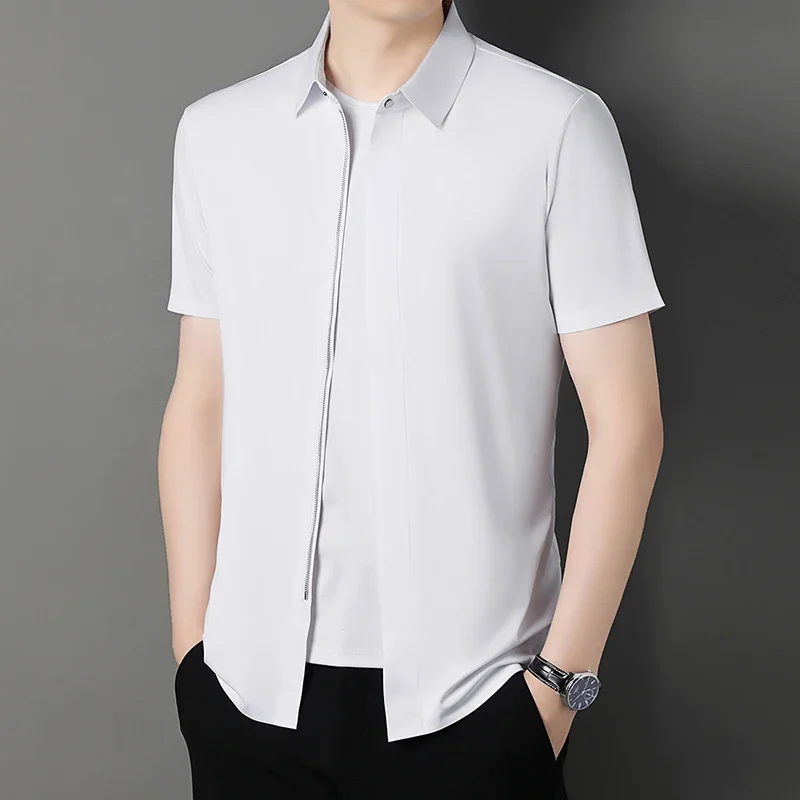 

Business Casual Short-sleeved Men's Formal Shirt Men's Summer New Zipper Placket Markless Luxury Designer Clothing Simple Tops