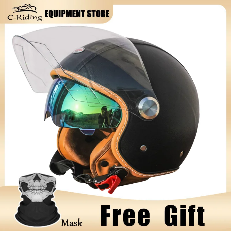 Black Leather Colorful Visor Retro Vintage Jet TT&COCASCOS Motorcycle Helmet Motorbike Riding 3/4 Half Helmet Scooter Capacete