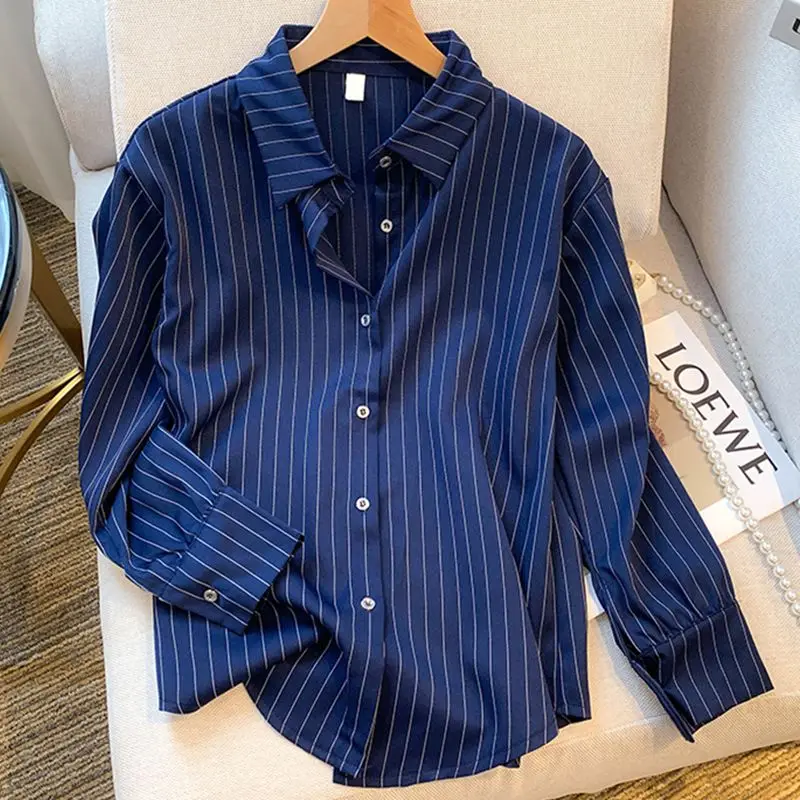

Сине-белая женская полосатая рубашка, весенне-летние блузки, модная офисная женская рабочая рубашка с длинными рукавами, базовая одежда