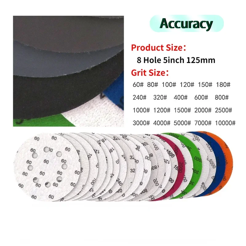 60-10000 Grit Round Shape Sanding Discs Hook Loop Sanding Paper Buffing Sheet Sandpaper 5inch Sandpaper 125mm 8 Hole Sander Pad