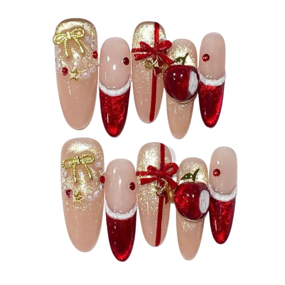 10 pezzi autunno inverno regali di Natale stampa fatta a mano sulle unghie fiocco dorato 3D mela rossa occhio di gatto unghie finte rimovibili riutilizzabili