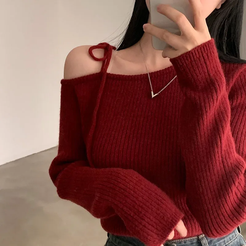 2026 Women's Clothing Retro Irregular Slant Collar Off Shoulder Strapped Multi Purpose Long Sleeved Knitted Sweater