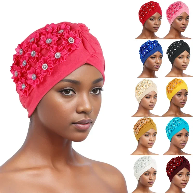 Indian Women Chemo Cap Muslim Diamonds Hijab Pleated Turban Wrap Headscarf Beanies Hair Loss Bonnet Hat Femme Turbante Mujer