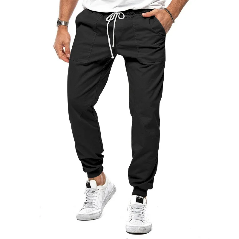 Spring Summer New Solid Color Fashion Elastic Waist Cargo Pants Man High Street Casual Solid Color Pockets Drawstring Trousers